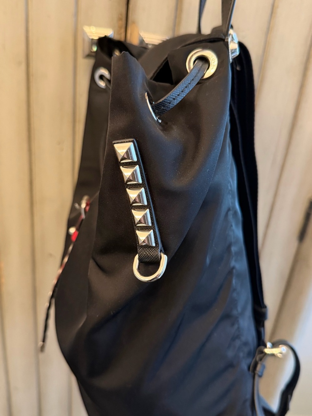 Prada Vela Black Nylon Backpack with Red Leather Studded Strap - Picture 2 of 8